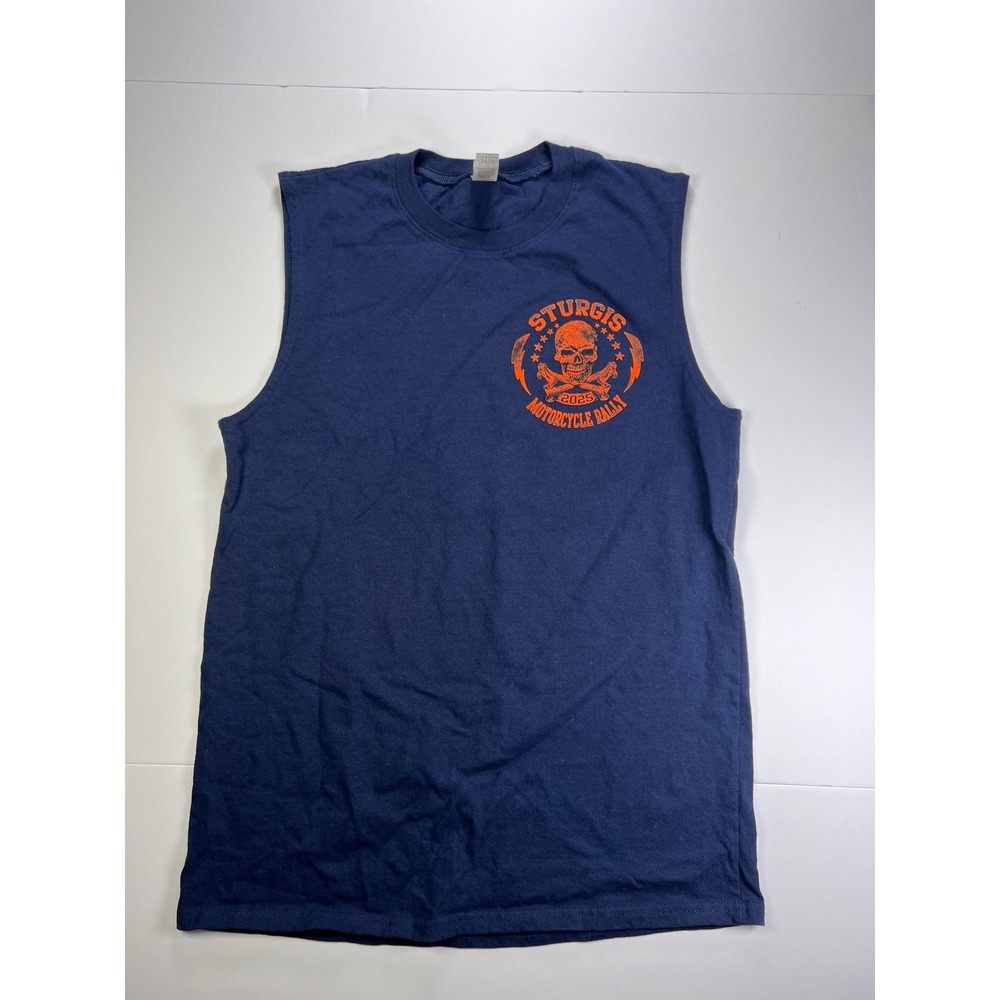Gildan Sturgis Motorcycle Rally 2025 Muscle Tee Mens M Navy Blue Graphic Skull